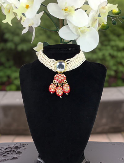 Premium kundan pearl choker with front and back meenakari