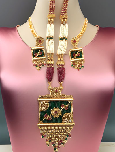 Polki Emerald Green Long Necklace Set