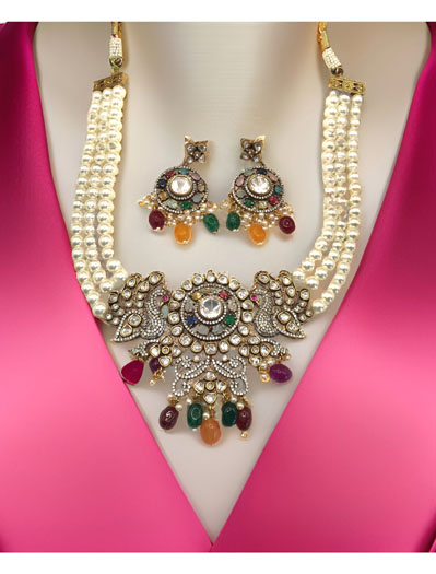 Victorian Navratan Mayur Pendant Pearl Choker Set