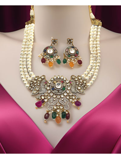 Victorian Navratan Mayur Pendant Pearl Choker Set