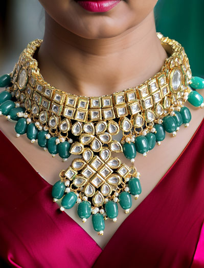 Premium Kundan choker set with green onyx beads