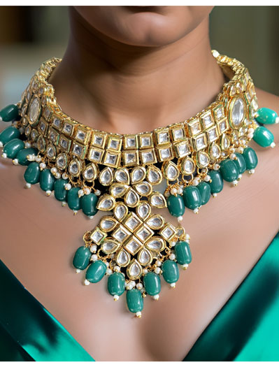 Premium Kundan choker set with green onyx beads