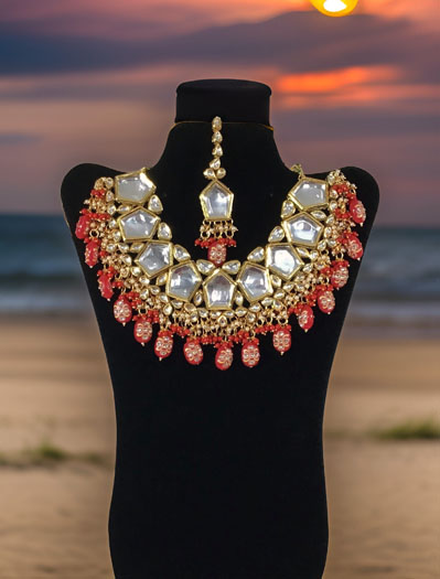 Premium Quality Kundan Set with hight quality handprinted Red hanging beads