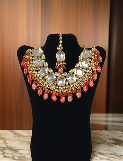 Premium Quality Kundan Set with hight quality handprinted Red hanging beads