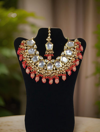 Premium Quality Kundan Set with hight quality handprinted Red hanging beads