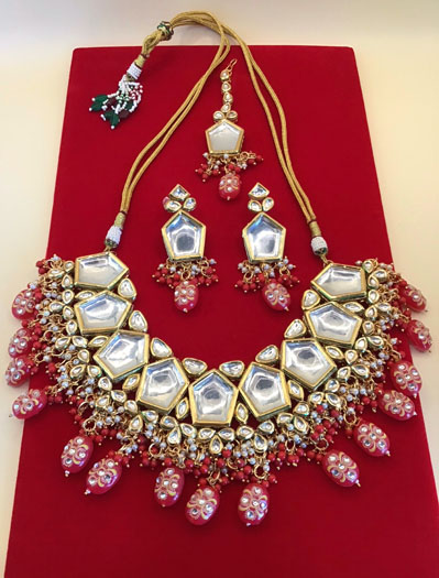 Premium Quality Kundan Set with hight quality handprinted Red hanging beads