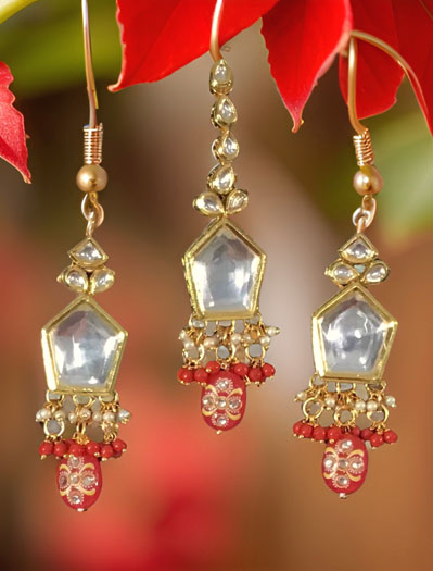 Premium Quality Kundan Set with hight quality handprinted Red hanging beads