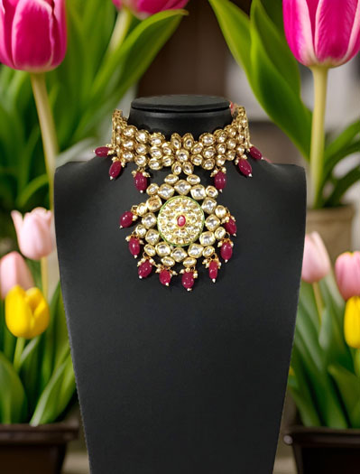 Premium Kundan choker set with red onyx beads