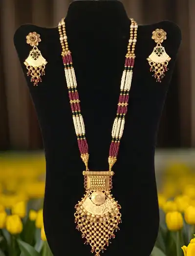 Gold-Plated Rajwadi Long Rani haar with colorful gemstones