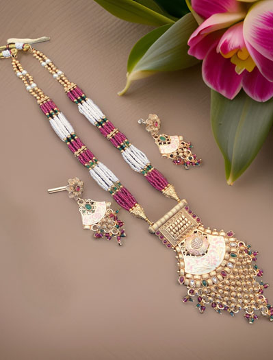 Gold-Plated Rajwadi Long Rani haar with colorful gemstones