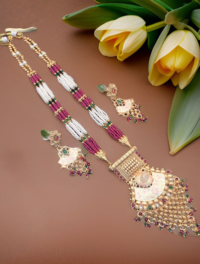 Gold-Plated Rajwadi Long Rani haar with colorful gemstones