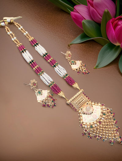 Gold-Plated Rajwadi Long Rani haar with colorful gemstones