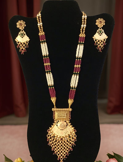 Gold-Plated Rajwadi Long Rani haar with colorful gemstones