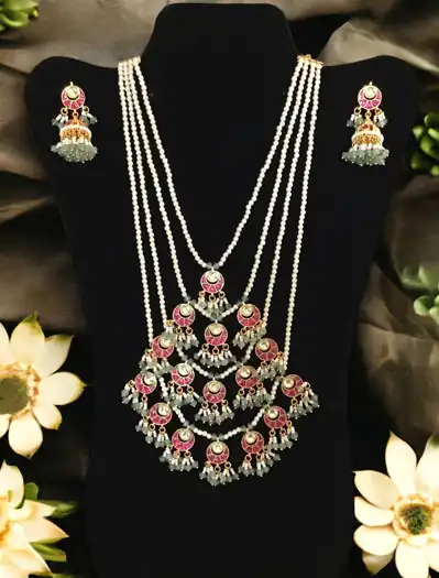 Four Layer Pearl Beaded Pachi Kundan Necklace Set