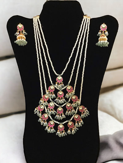 Four Layer Pearl Beaded Pachi Kundan Necklace Set