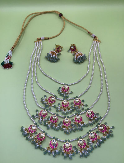 Four Layer Pearl Beaded Pachi Kundan Necklace Set