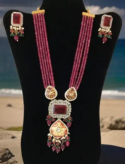 Stylish Ruby Kundan/Monalisa long necklace set