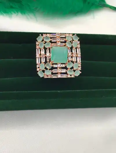 Square shaped Mint Green AD/CZ Ring in Rosegold