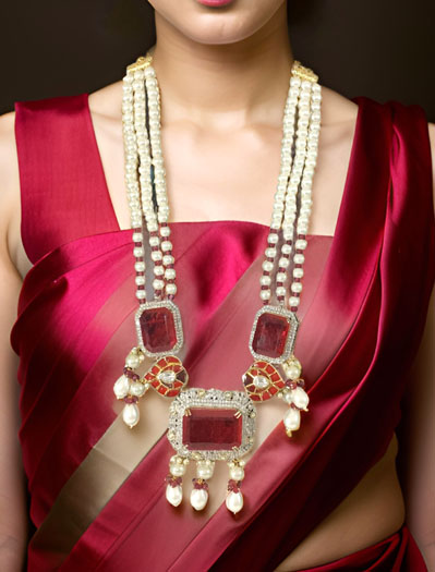 Ruby Diamond Pearl Long Necklace Set