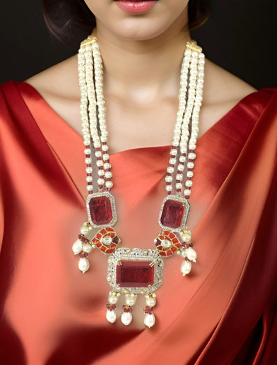 Ruby Diamond Pearl Long Necklace Set