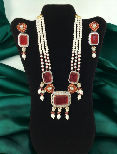 Ruby Diamond Pearl Long Necklace Set