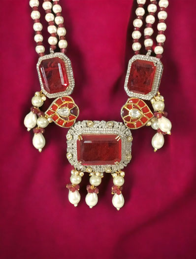 Ruby Diamond Pearl Long Necklace Set