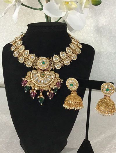 Antique Gold Rajwadi CZ Stone Necklace Set