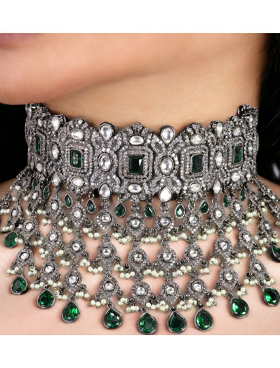 Sabyasachi inspired Victorian Necklace Set with CZ and Emerald green stones