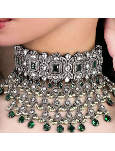 Sabyasachi inspired Victorian Necklace Set with CZ and Emerald green stones