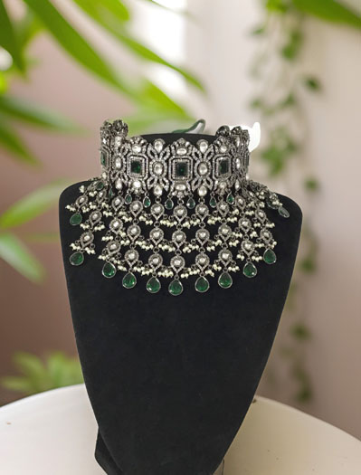 Sabyasachi inspired Victorian Necklace Set with CZ and Emerald green stones