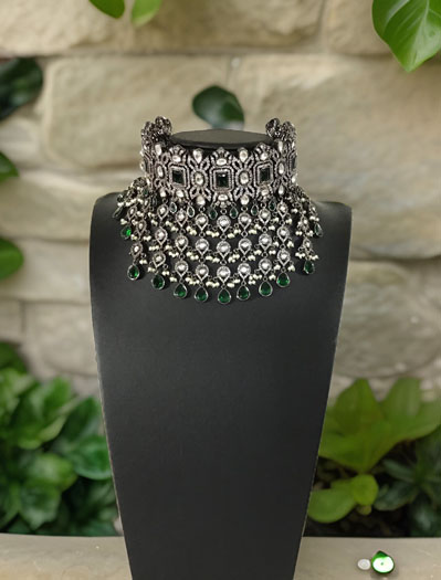 Sabyasachi inspired Victorian Necklace Set with CZ and Emerald green stones