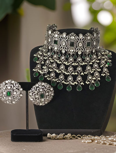 Sabyasachi inspired Victorian Necklace Set with CZ and Emerald green stones