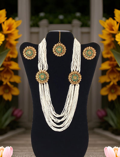 Meenakari Pearl Choker and Long Necklace Combo Set with Maangtika