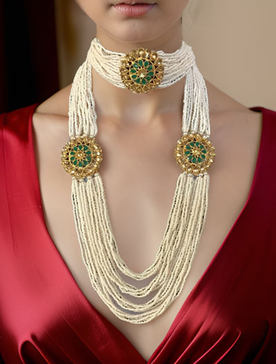 Meenakari Pearl Choker and Long Necklace Combo Set with Maangtika