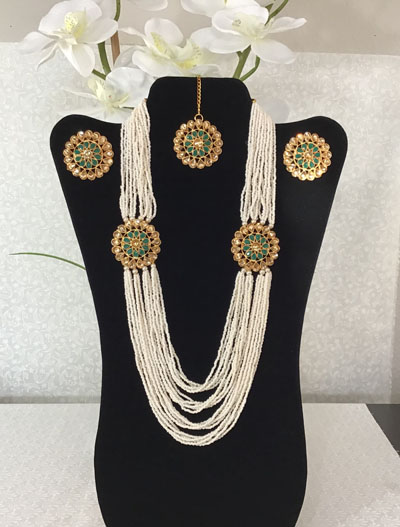 Meenakari Pearl Choker and Long Necklace Combo Set with Maangtika