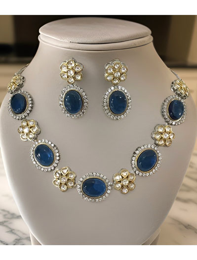 Real Kundan with Blue Monalisa Stones Necklace Set