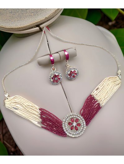 CZ Brooch Beaded Choker Set