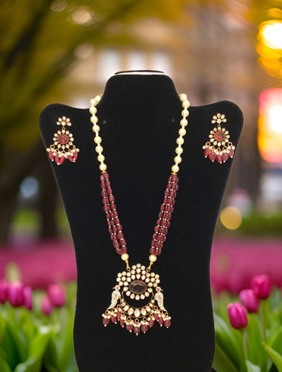 Peacock Design Long Kundan Necklace With Earrings