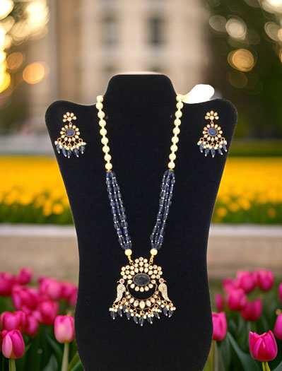 Peacock Design Long Kundan Necklace With Earrings