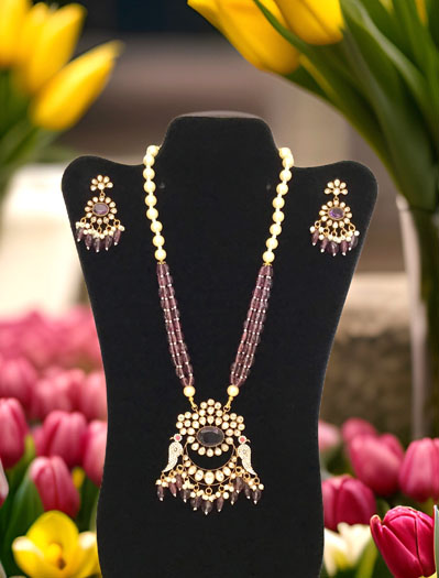 Peacock Design Long Kundan Necklace With Earrings