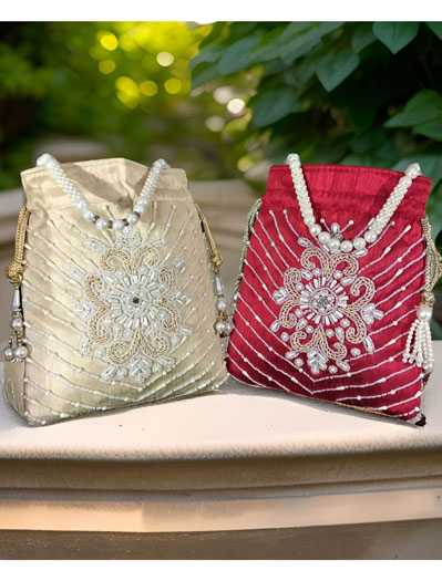 Handmade Pearl Zardosi Embroidered Potli Bag