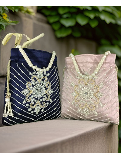 Handmade Pearl Zardosi Embroidered Potli Bag