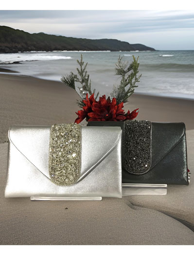 Crystal Embellished Metallic Leather Envelope Clutch Purses