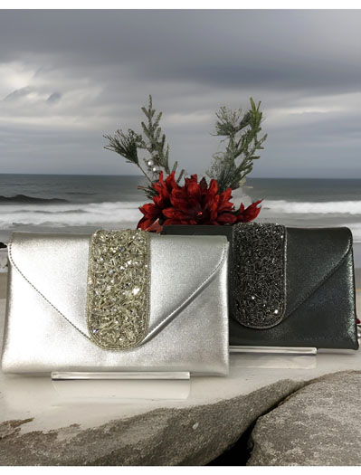 Crystal Embellished Metallic Leather Envelope Clutch Purses