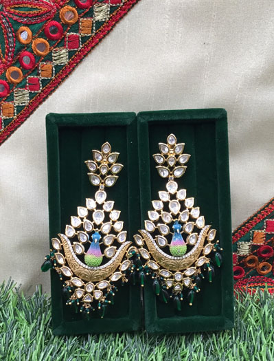 Fancy Peacock Kundan Long Earrings