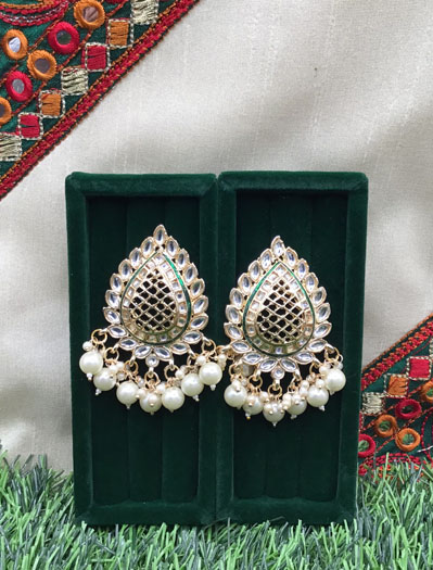 Paan shaped Green Kundan Meenakari Earrings