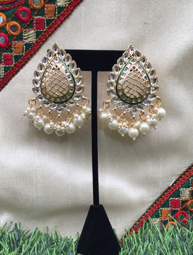 Paan shaped Green Kundan Meenakari Earrings