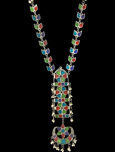 Multicolor Stone Oxidized Silver Long Necklace With Earrings