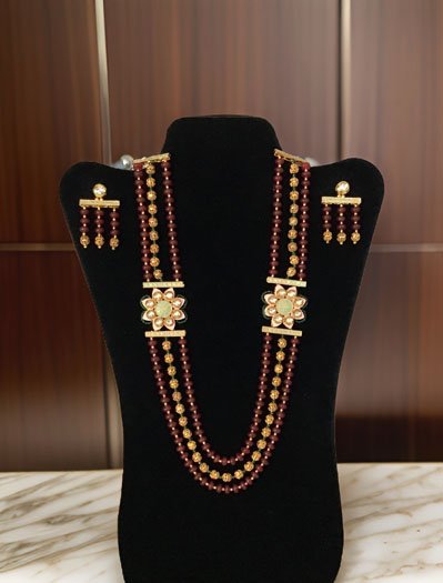 Golden/Maroon Beads Fancy  Mala With Earrings