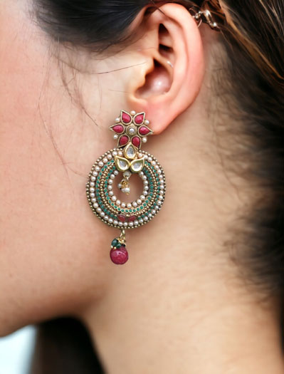 Antique Traditional Style Round Shaped Long Kundan Earrings